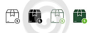 Pay Money Dollar for Delivery Service Black Silhouette and Line Icon. Currency Payment Transfer for Parcel Box Pictogram