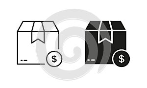 Pay Money Dollar for Delivery Service Silhouette and Line Icon Set. Currency Payment Transfer for Parcel Box Pictogram