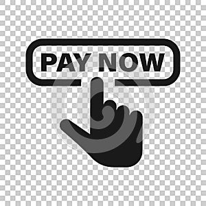 Pay now icon in transparent style. Finger cursor vector illustration on isolated background. Click button business concept