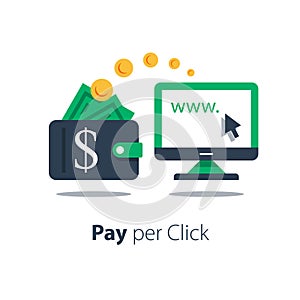 Pay per click concept, distant job, making money online, internet business and finance