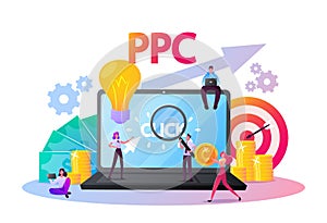 Pay Per Click Concept. Tiny Characters at Huge Computer Desktop with Cursor Clicking on Ad Button