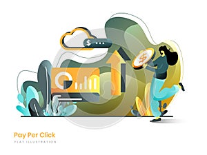 Pay Per Click flat illustration concept of women paying for advertising using coins