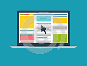 Pay per click flat illustration with laptop and pointer.