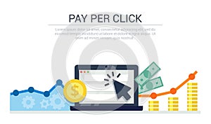 Pay Per Click flat style banner. Internet advertising, online business concept. Modern illustration for web design, marketing and