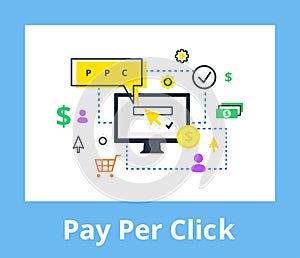 Pay per click illustration. Internet marketing, advertising concept in line and flat style.