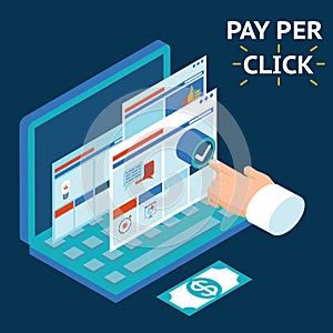 Pay per click, infographics illustration. touch your finger to the screen of a laptop