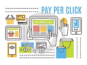 Pay per click internet advertising concept. Flat