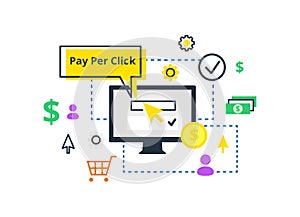 Pay per click - internet marketing, advertising concept in line and flat style. PPC illustration.