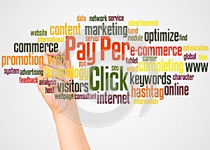 Pay Per Click word cloud and hand with marker concept