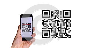 Pay qr code. Hand holding mobile smartphone screen for payment, online pay, scan barcode with qr code scanner on digital