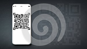 Pay qr code. Mobile smartphone screen for payment, online pay, scan barcode with qr code scanner on digital smart phone on dark