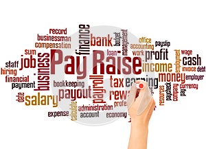 Pay Raise word cloud and hand writing concept