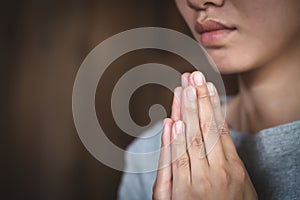 Pay respect, woman Praying hands with faith in religion. Namaste or Namaskar hands gesture,  Prayer position