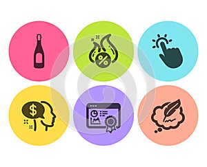 Pay, Seo certificate and Hot loan icons set. Champagne, Touchpoint and Copyright chat signs. Vector