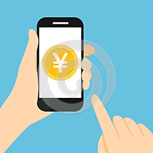 Pay with yen coin. Hand holding a mobile phone to transaction with yen isolated on blue background cartoon vector illustration