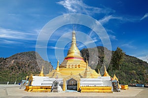 Payathonzu golden pagoda in fornt of double mountain,Myanmar