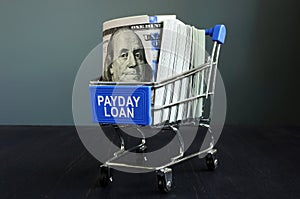 Payday loan sign, money and shopping cart