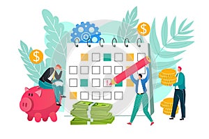 Payday loans concept, business application for money loan vector illustration. Man with pen on payment schedule day