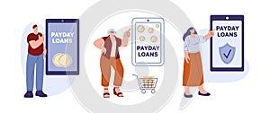 Payday Loans online vector scene. Smart loan on smartphone, quickly money for life, shopping or restaurant. People