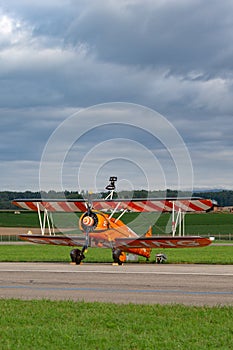 Breitling Wing walkers barnstorming flying display in vintage Boeing Stearman biplanes