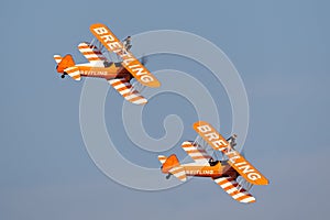 Breitling Wing walkers barnstorming flying display in vintage Boeing Stearman biplanes