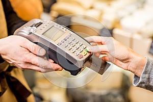 Paying with card in the food store photo