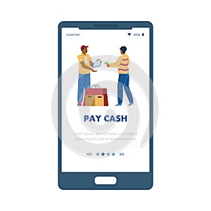 Paying cash onboarding page with courier receives money, vector illustration.