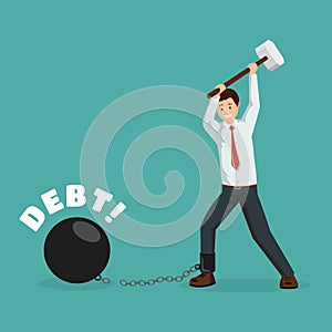 Paying debt metaphor vector banner template. Cartoon man breaking financial chains with sledge hammer. Happy debtor