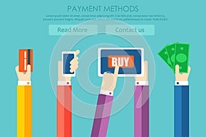 Paymen methods banner. Hands pay for the goods, with the help of cash, phone, card