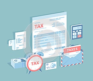 Payment of accounts and taxes. Filling and calculating tax form. Document form, bill, calculator, envelope with tax, pile of money