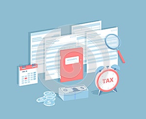 Payment of accounts and taxes. Filling and calculating tax form. Folder with documents, invoices, calendar with tax date, money