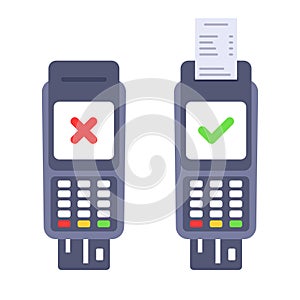 Payment by bank card through a POS terminal. Confirmed payment with receipt and unaccepted payment. Flat style. Vector