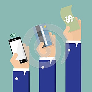 Payment by cash, credit card and smartphone method