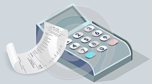 Payment check paper document near the cash register. Buying financial invoice bill isometric