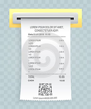 Payment check paper document poked out of the cash register. Buying financial invoice bill