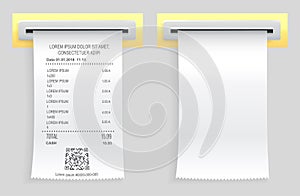 Payment check paper document poked out of the cash register. Buying financial invoice bill