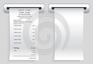 Payment check paper document poked out of the cash register. Buying financial invoice bill