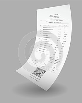 Payment check and receipts with shadow. Curved financial paper, purchase invoice. Buying, bill or calculate pay. Receipt