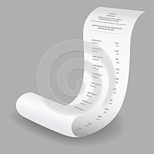 Payment check and receipts with shadow. Curved financial paper, purchase invoice. Buying, bill or calculate pay. Receipt