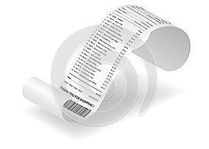 Payment check and receipts with shadow. Curved financial paper, purchase invoice. Buying, bill or calculate pay. Receipt