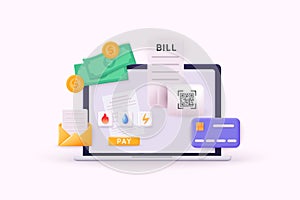 Payment concept. Invoice and electricity meter. Utility bills payment. Payment of utility, bank, restaurant and other. 3D Vector