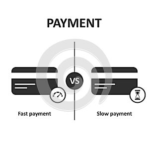 Payment credit card concept. Expectation vs Reality. Fast payment vs slow payment. Vector