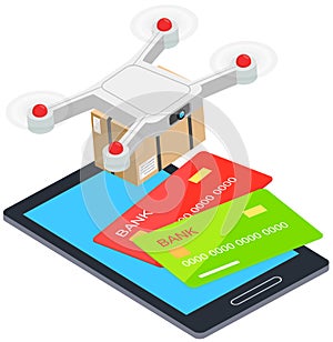 Payment for delivery services, delivers parcel using flying drone. Mobile app in phone and bank card