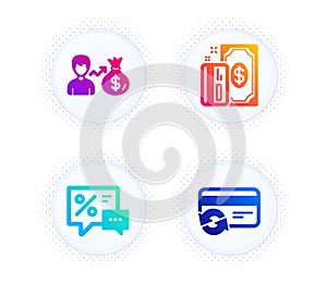 Payment, Discounts and Sallary icons set. Change card sign. Cash money, Best offer, Person earnings. Vector photo
