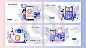 Payment error. Cashless NFC payment transaction canceled. Payment terminal with cross checkmark. Screen template for