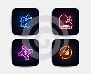 Payment exchange, Painting brush and Piano icons. Update data sign. Money transfer, Graphic art, Fortepiano. Vector photo