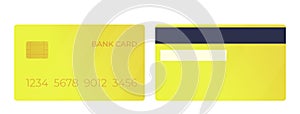 Payment gold bank card. Front and back view.