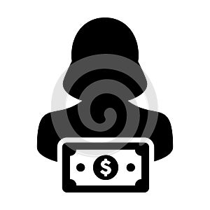 Payment icon vector female user person profile avatar with dollar sign currency money symbol for banking and finance business