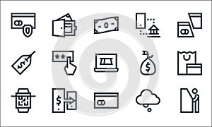 payment line icons. linear set. quality vector line set such as atm, cit card, qr scan, cloud, money transfer, price tag, money