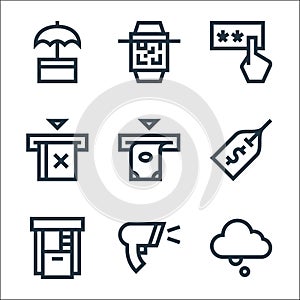 Payment line icons. linear set. quality vector line set such as cloud, barcode scanner, atm, price tag, atm, no cit card, pin code